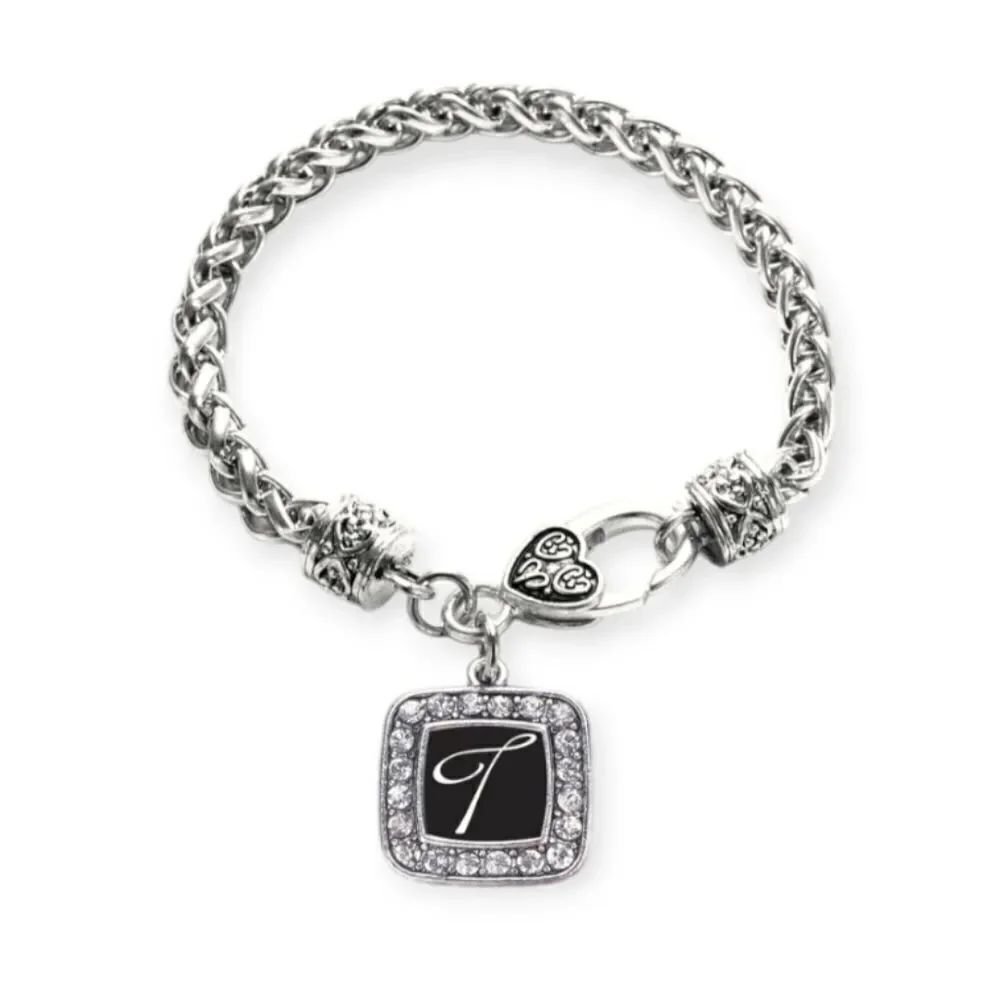 NEW INSPIRED SILVER BRAND LETTER T SQUARE CHARM BRAIDED BRACELET w/POUCH